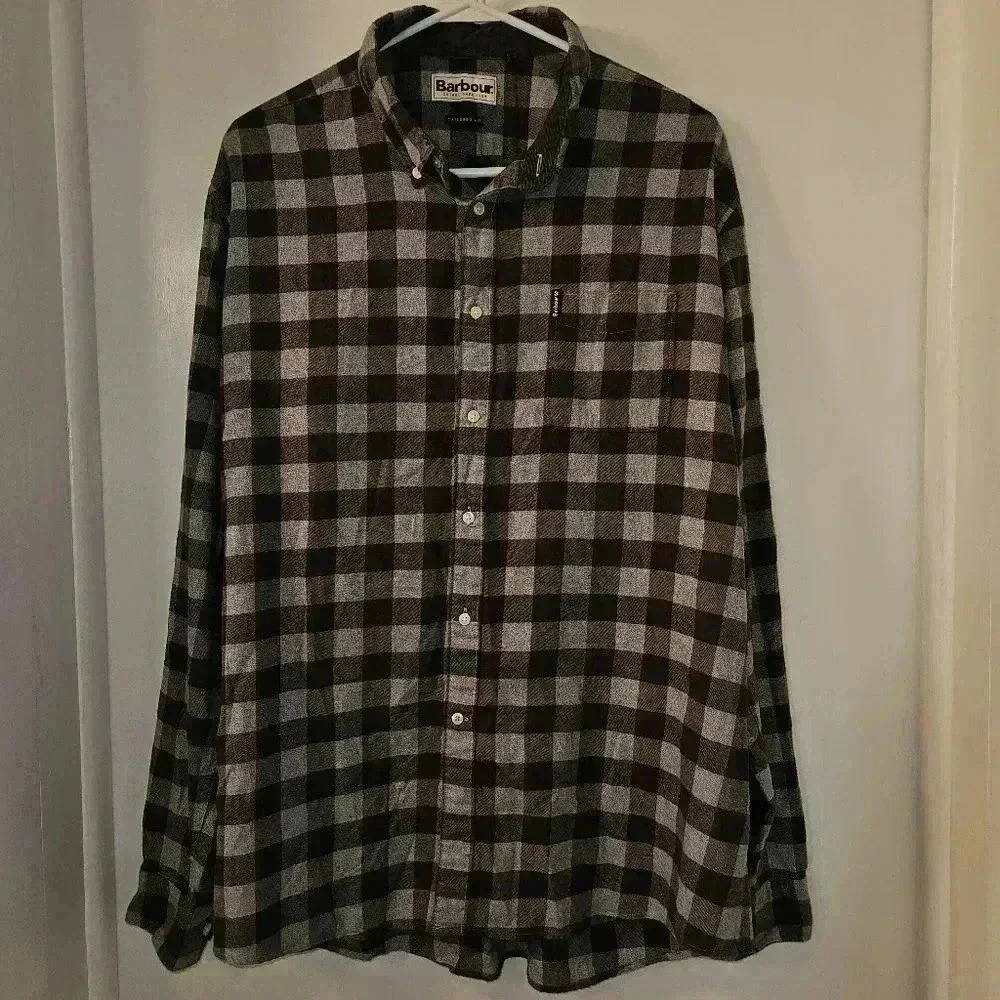 Barbour Men's Twill Flannel 100% Cotton Button Shirt Charcoal Buffalo Check XXL